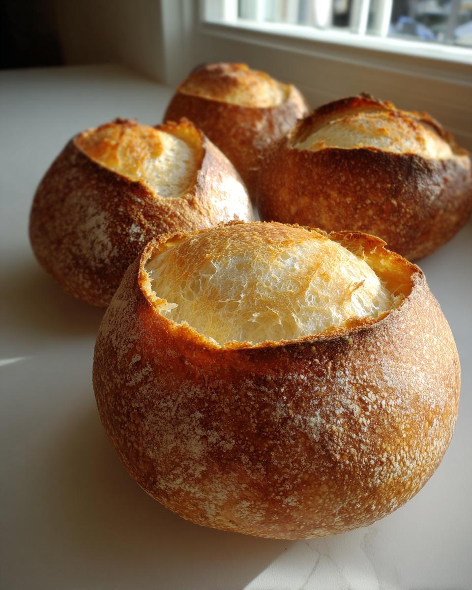 Four freshly baked, crusty bread bowls with their tops cut off, showcasing the soft interior crumb.