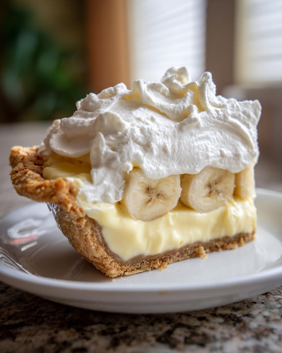 A close-up of a thick slice of banana cream pie showing layers of crust, vanilla custard, sliced bananas, and whipped cream.