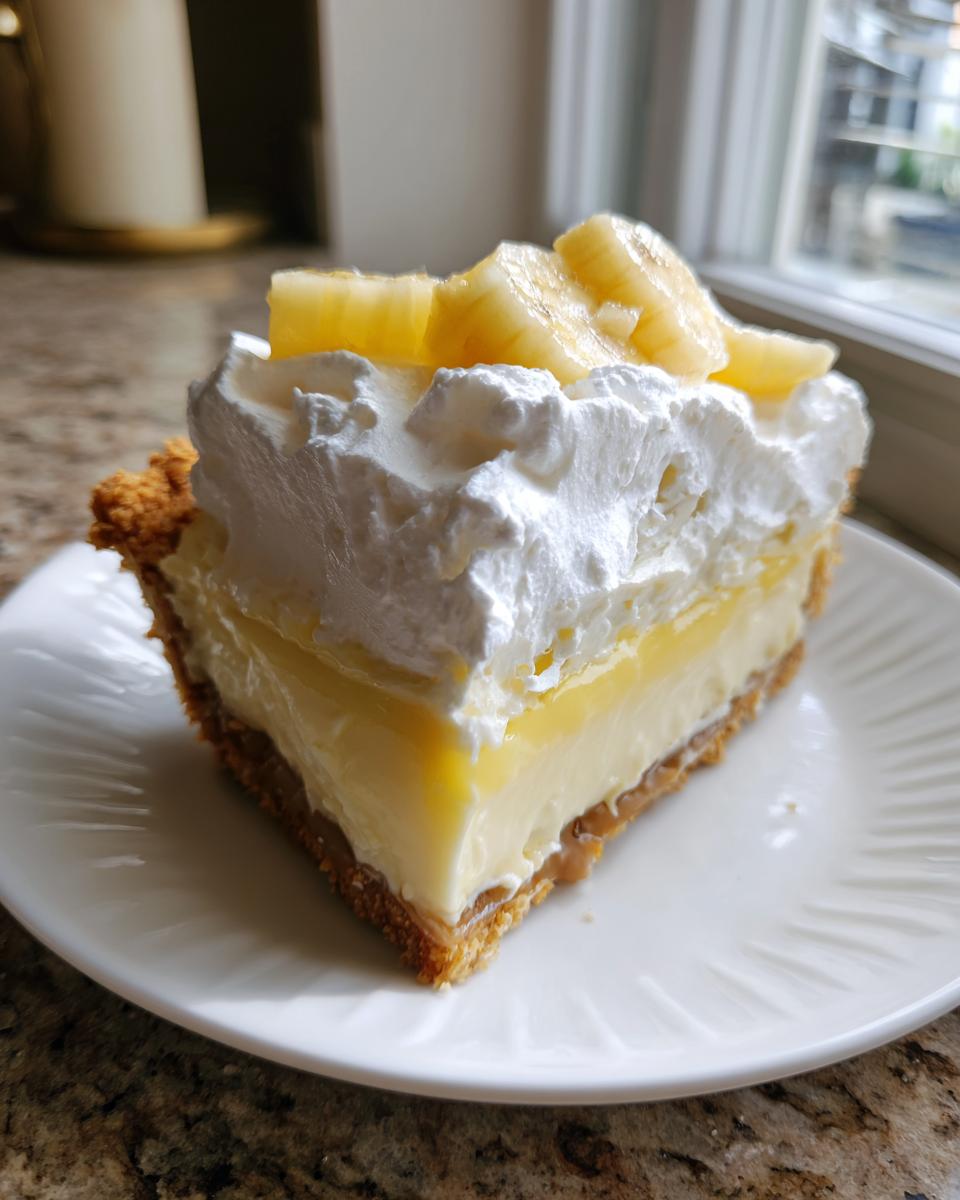 A close-up of a rich slice of banana cream pie featuring thick custard, whipped cream, and fresh banana slices.