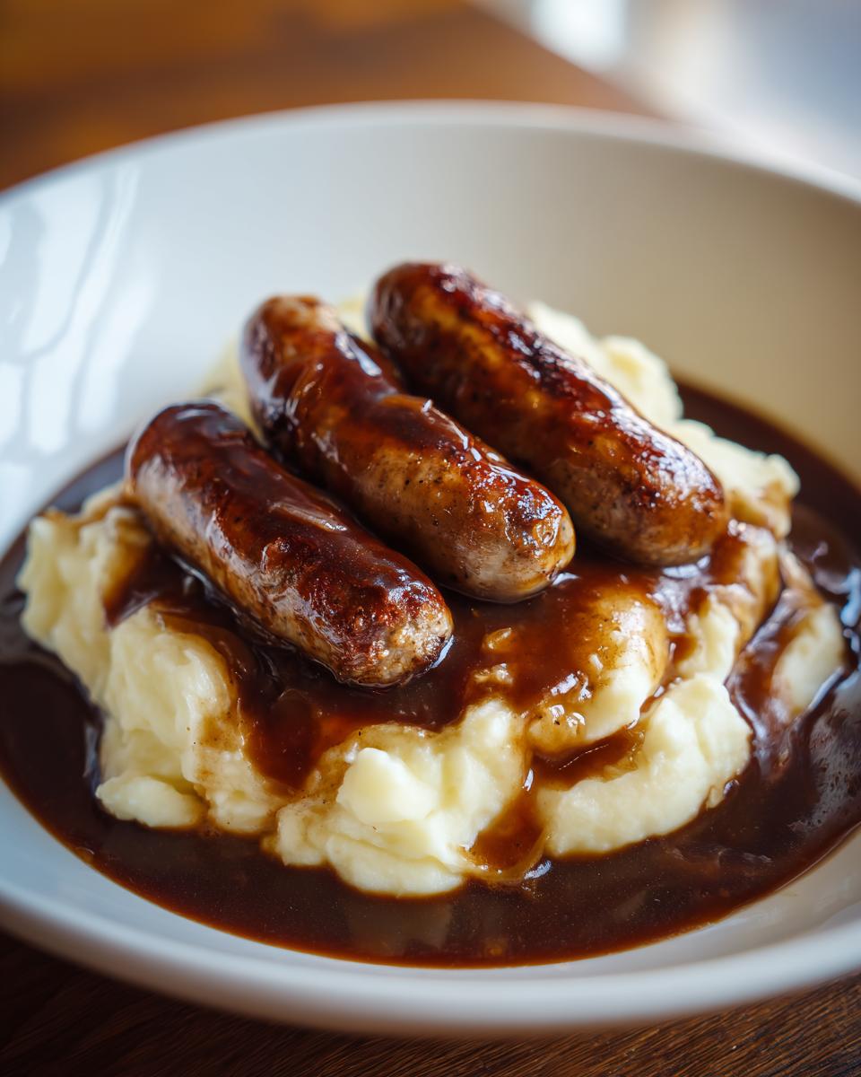 Three perfectly browned sausages served over creamy mashed potatoes and smothered in rich brown gravy, classic bangers and mash.