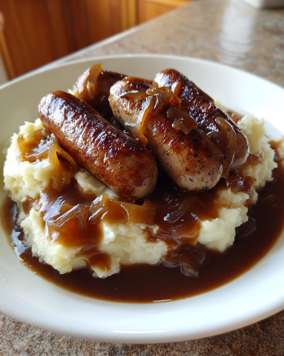 Close-up of three browned sausages served over creamy mashed potatoes, smothered in rich onion gravy for classic bangers and mash.