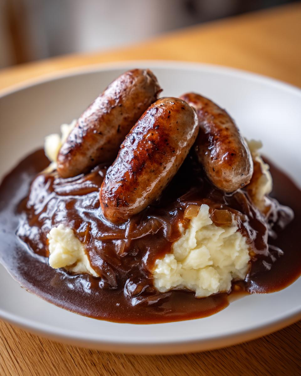 Close-up of a serving of bangers and mash featuring three browned sausages over creamy mashed potatoes covered in rich onion gravy.