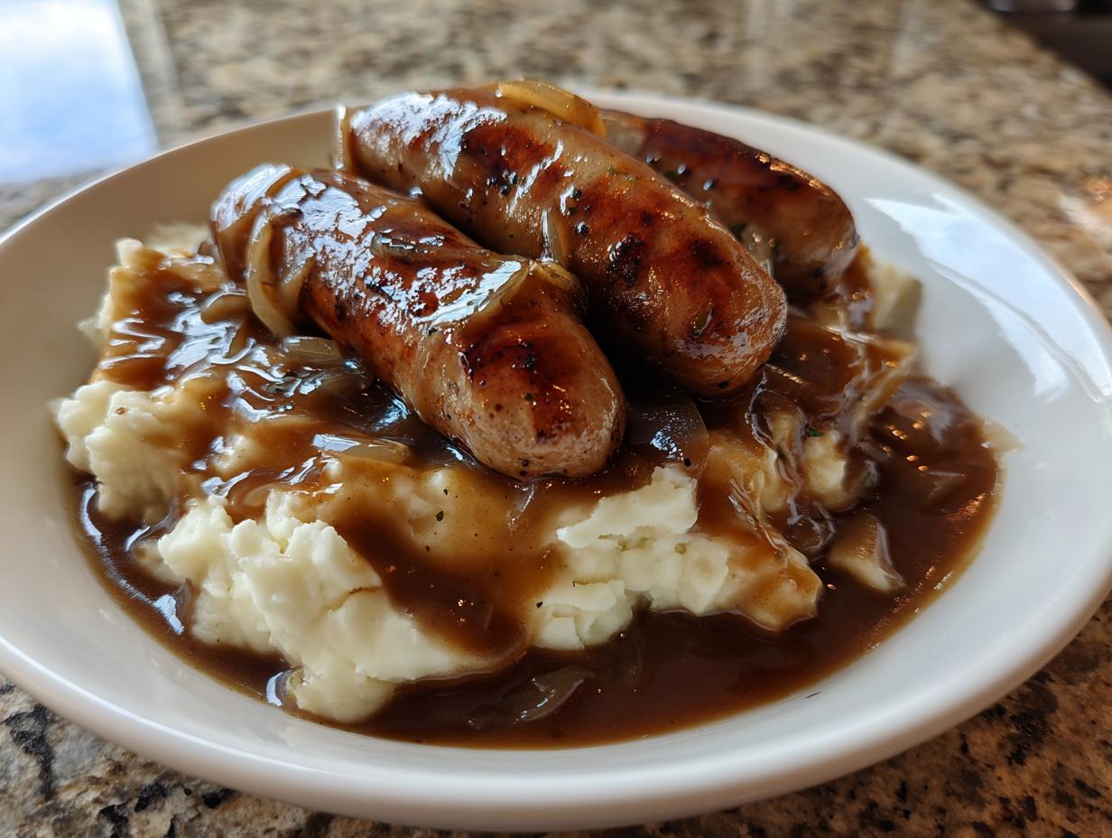 Three grilled sausages served over creamy mashed potatoes and smothered in rich onion gravy for classic bangers and mash.