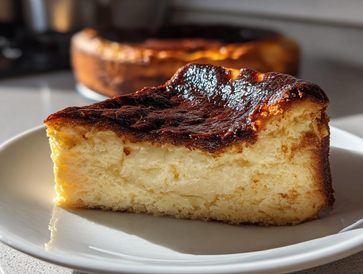A close-up slice of creamy basque cheesecake featuring a deeply caramelized, burnt top, served on a white plate.