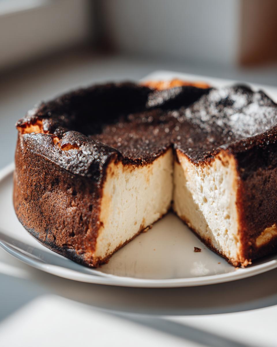 A beautifully caramelized basque cheesecake with a slice cut out, revealing the creamy interior.