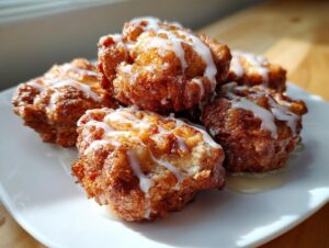 A close-up of several golden brown, deep-fried apple fritter pieces drizzled with white glaze, stacked on a white plate.
