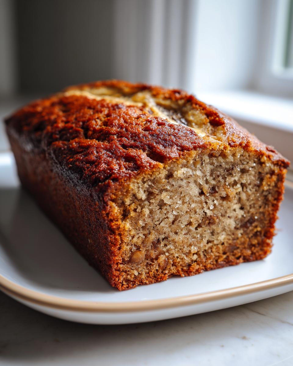 A freshly baked loaf of the best banana bread, showing a moist interior and a dark, caramelized crust, resting on a white plate.