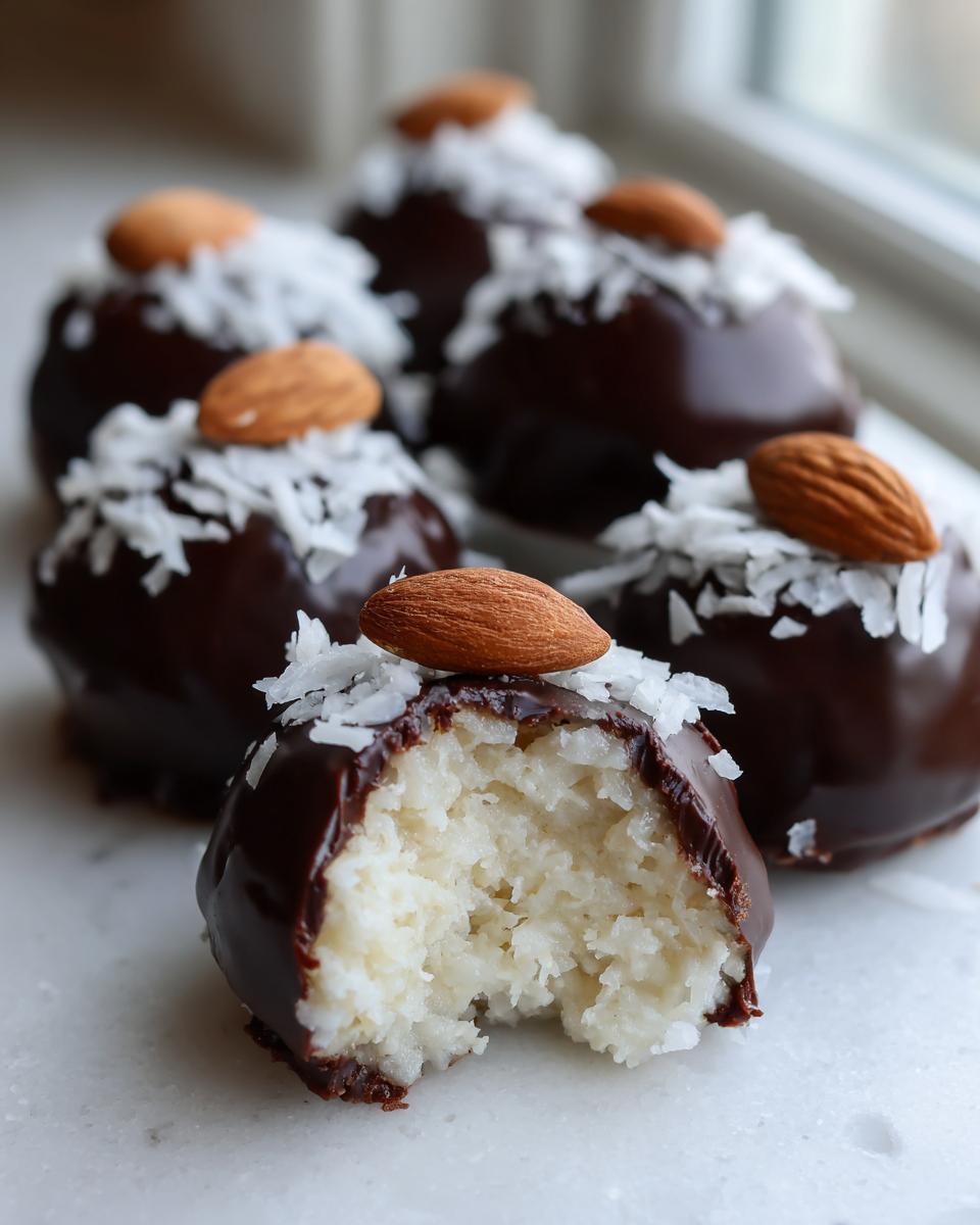 A close-up of several chocolate-covered almond joy truffles, one of which is bitten to show the white coconut filling.