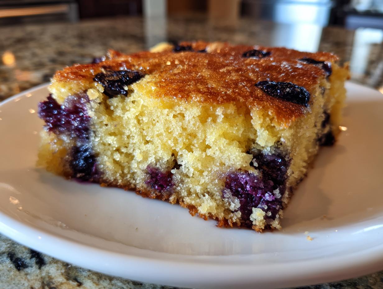 Close-up of a fluffy, golden slice of blueberry sheet pan pancakes on a white plate.