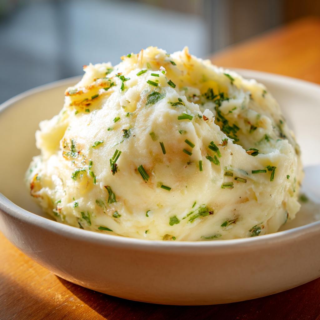 A generous scoop of creamy Boursin mashed potatoes topped with fresh green chives in a white bowl.