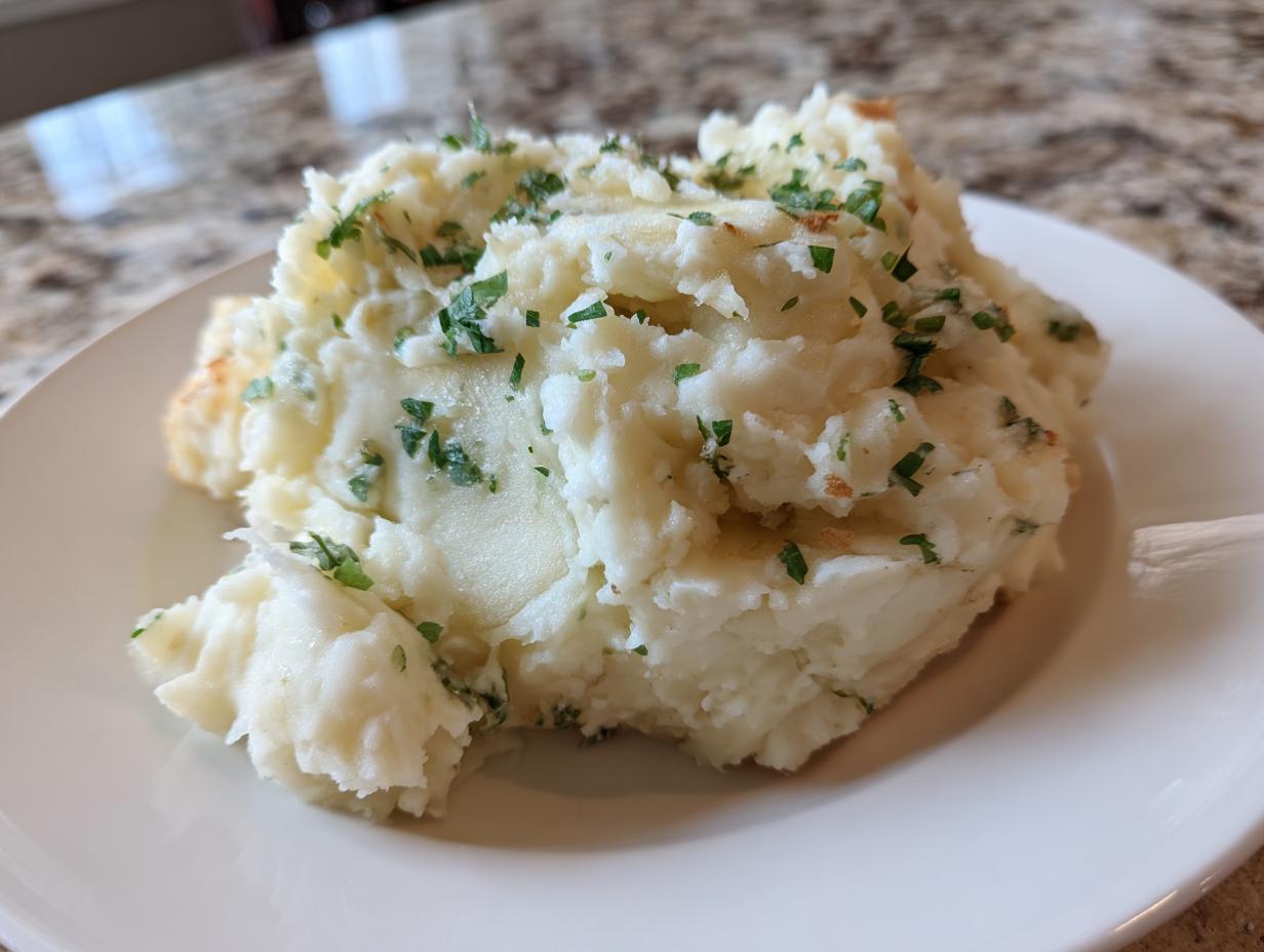 A generous serving of creamy Boursin mashed potatoes topped with fresh, chopped green parsley on a white plate.