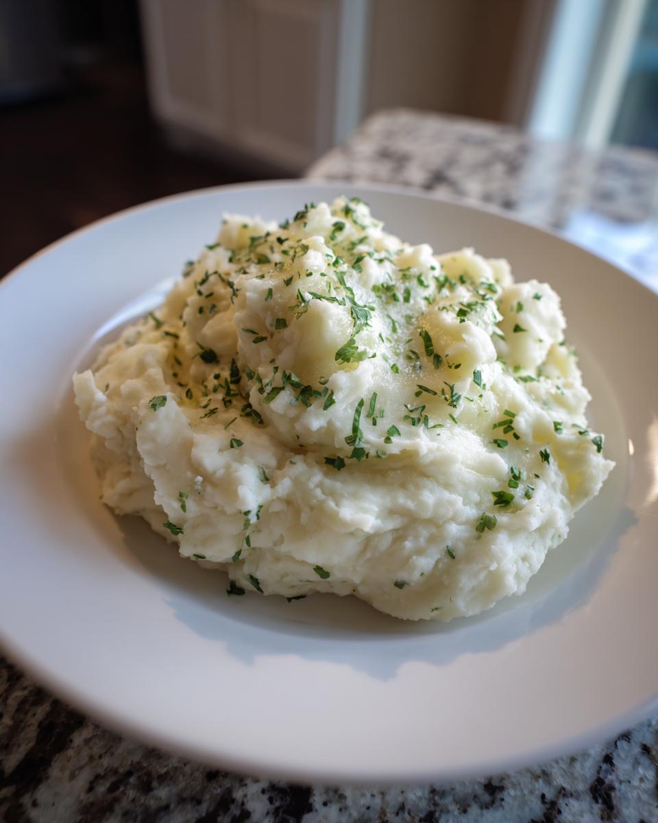 A generous serving of creamy Boursin mashed potatoes topped with melted butter and fresh chopped parsley on a white plate.