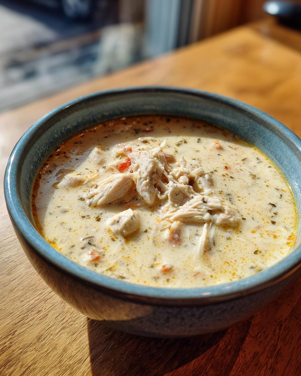 A close-up of a creamy bowl of cream cheese chicken chili topped with shredded chicken and herbs.