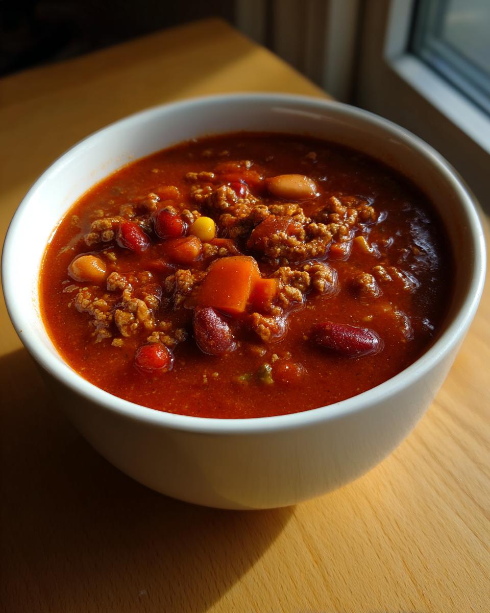 Close-up of a white bowl filled with rich, red high protein chili featuring ground meat, kidney beans, and corn.