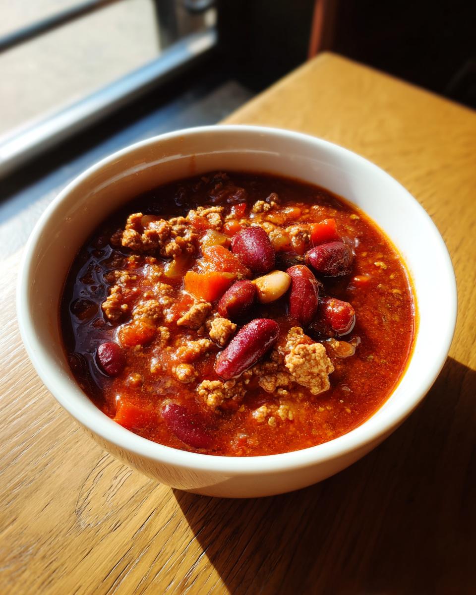 Close-up of a white bowl filled with rich, red high protein chili featuring ground meat and kidney beans, sitting on a wooden table.
