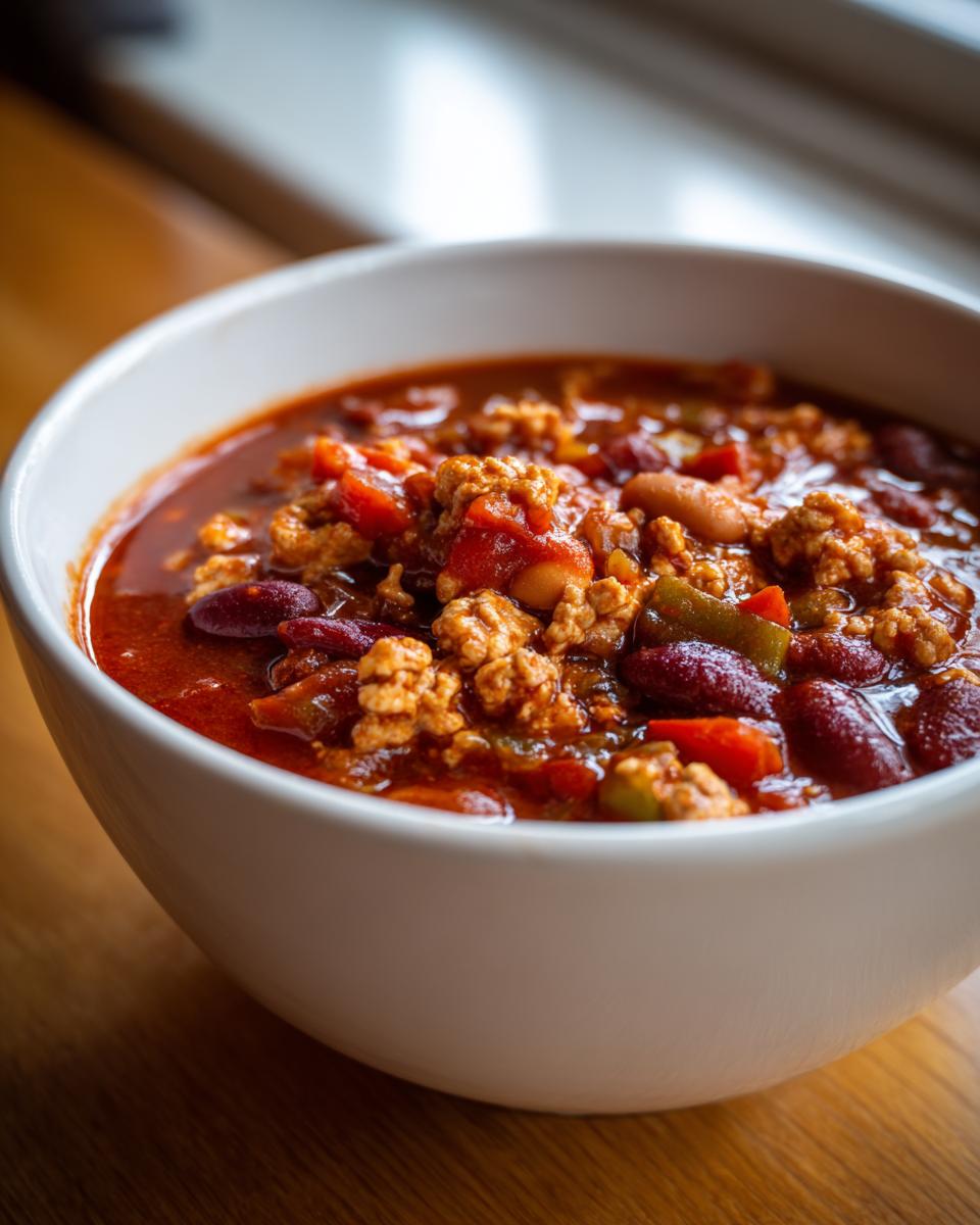 Close-up of a white bowl filled with rich, hearty high protein chili featuring ground meat, kidney beans, and tomatoes.