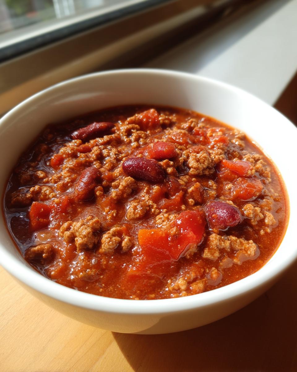 Close-up of a white bowl filled with rich, hearty high protein chili featuring ground meat, kidney beans, and tomato chunks.
