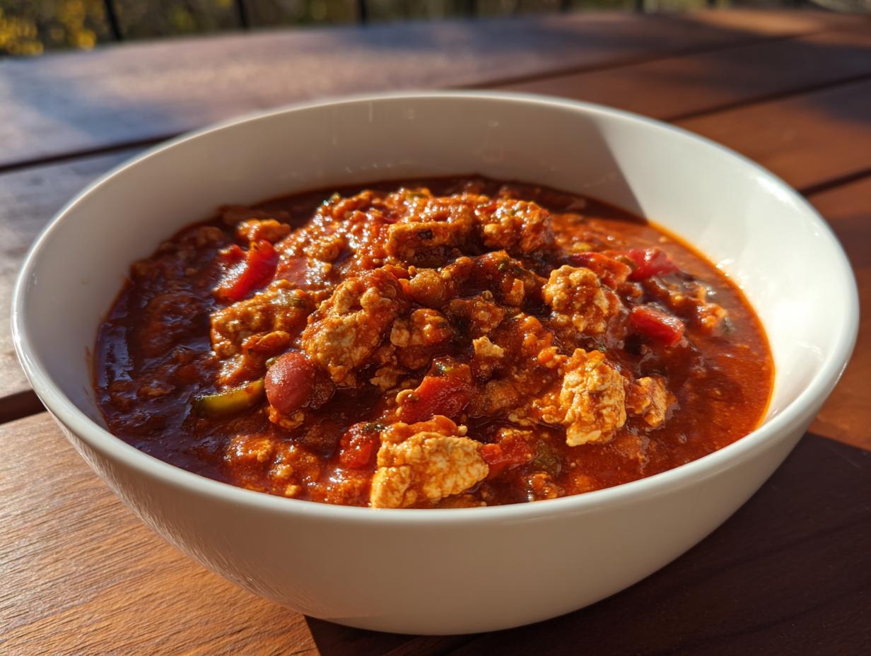 Close-up of a white bowl filled with rich, red high protein chili featuring visible chunks of meat/tofu and beans, set outdoors on a wooden table.