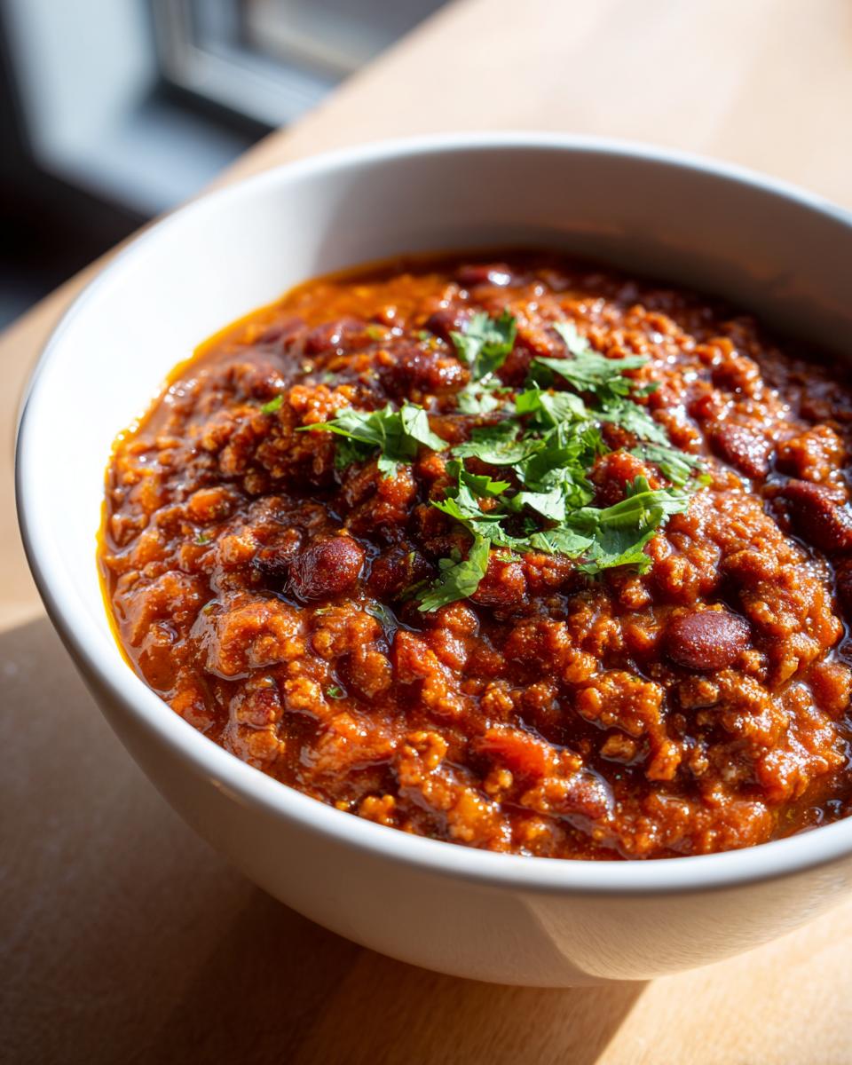 Close-up of a hearty bowl of rich, red pumpkin chili topped with fresh cilantro.