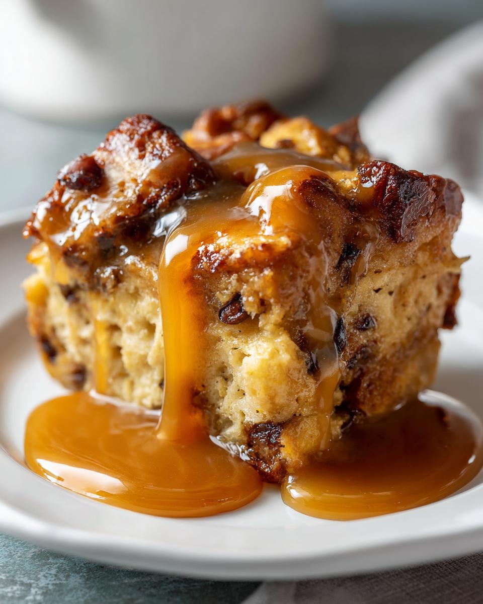 Close-up of a rich slice of bread pudding with bourbon sauce generously drizzled over the top.