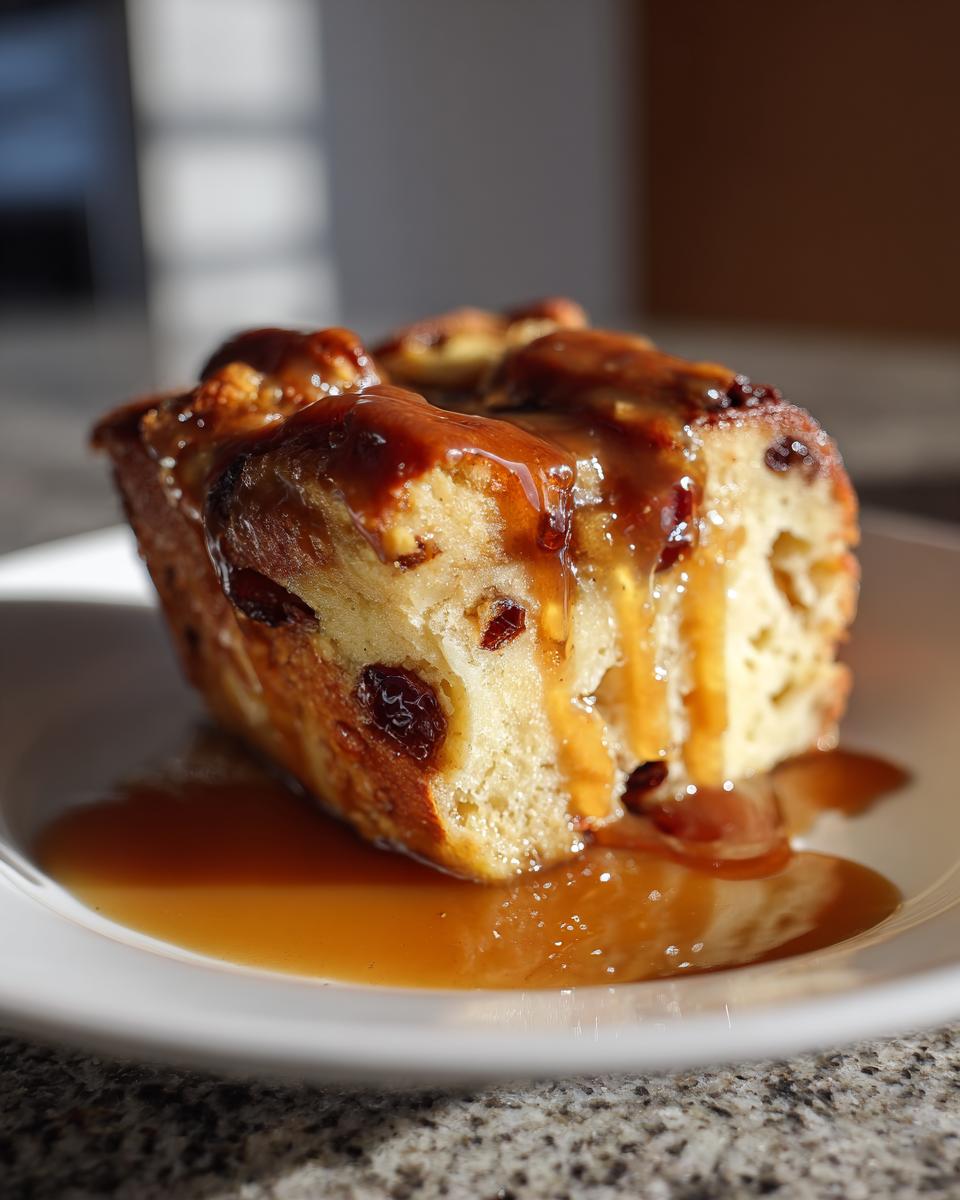 A close-up of a single serving of bread pudding with bourbon sauce drizzled over the top and pooling on the plate.
