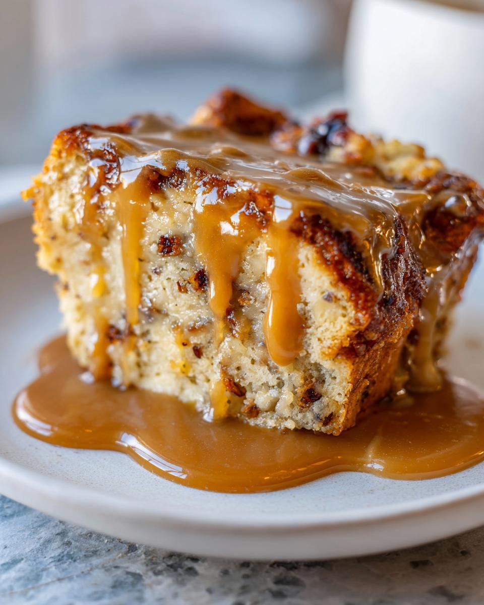 Close-up of a moist slice of bread pudding generously topped with rich bourbon sauce.