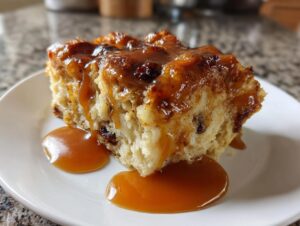 A close-up of a moist slice of bread pudding with bourbon sauce generously drizzled over the top and pooling on the white plate.