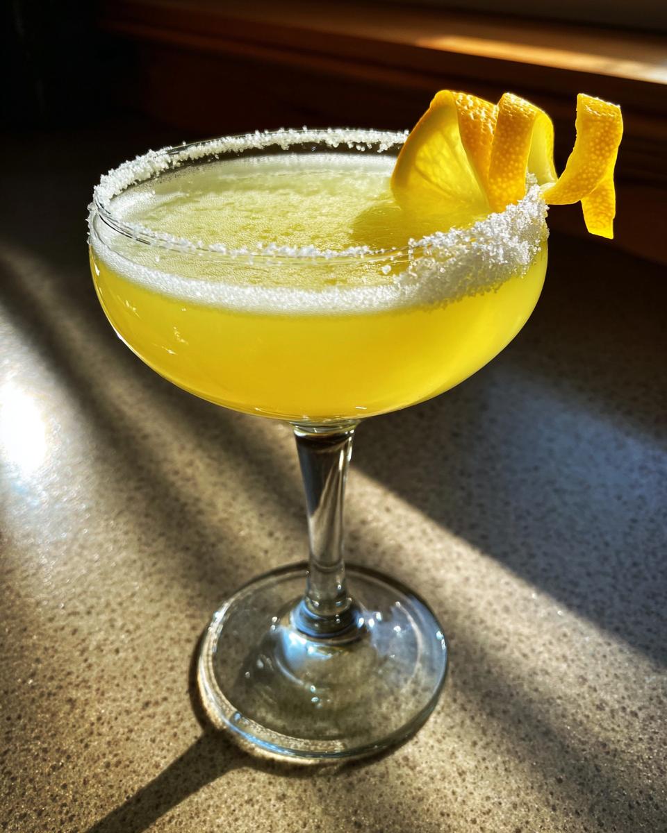 A bright yellow lemon drop cocktail in a coupe glass with a thick sugar rim and lemon twist garnish.
