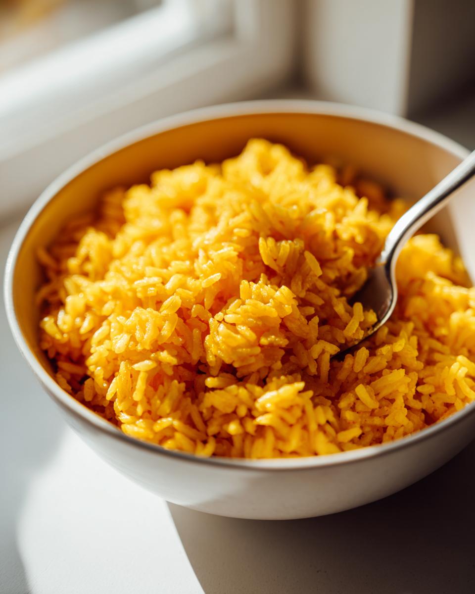 Close-up of fluffy, bright yellow turmeric rice served in a white bowl with a spoon resting in it.