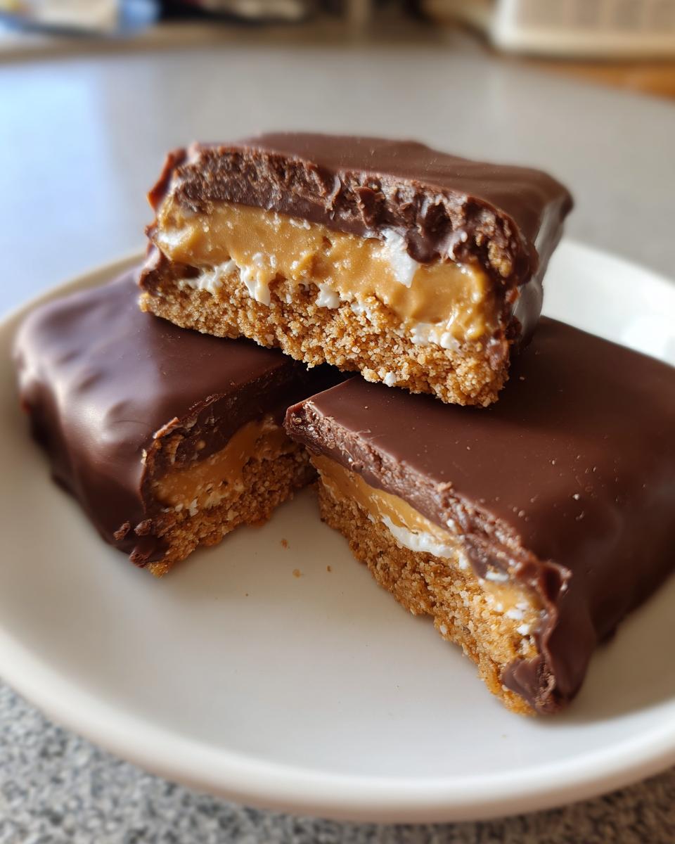 Three rich, chocolate-covered bars, cut to show the layers of peanut butter, marshmallow, and graham cracker base of the buckeye graham crackers.