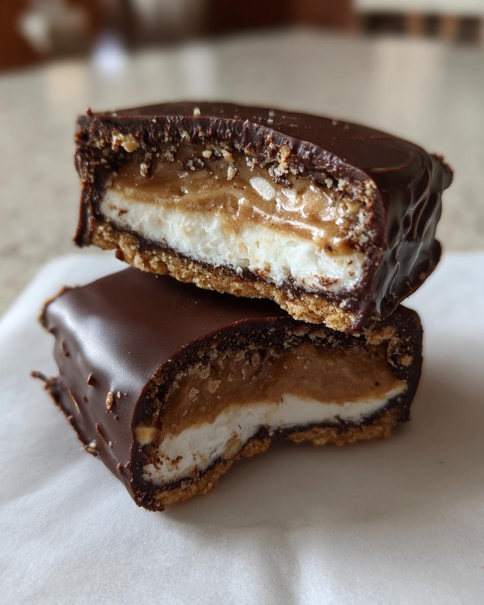 Two halves of a homemade buckeye graham crackers treat showing layers of chocolate, peanut butter, marshmallow, and graham cracker crust.