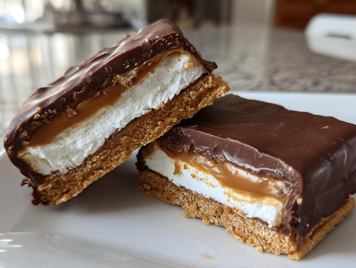 Two halves of a rich buckeye graham crackers bar showing layers of graham cracker, marshmallow, caramel, and chocolate coating.