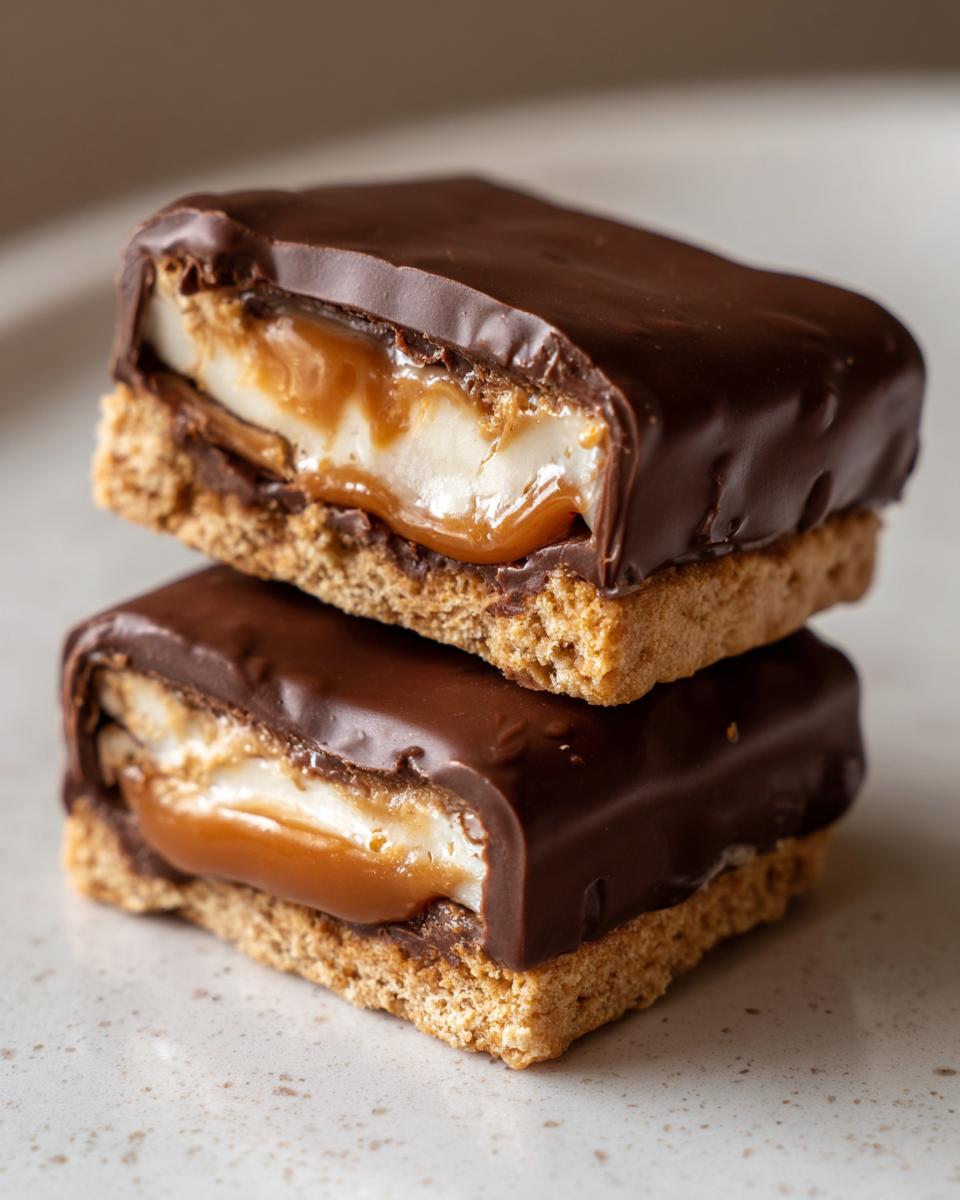 Two stacked homemade buckeye graham crackers showing a cross-section of graham crust, white filling, and gooey caramel, coated in chocolate.