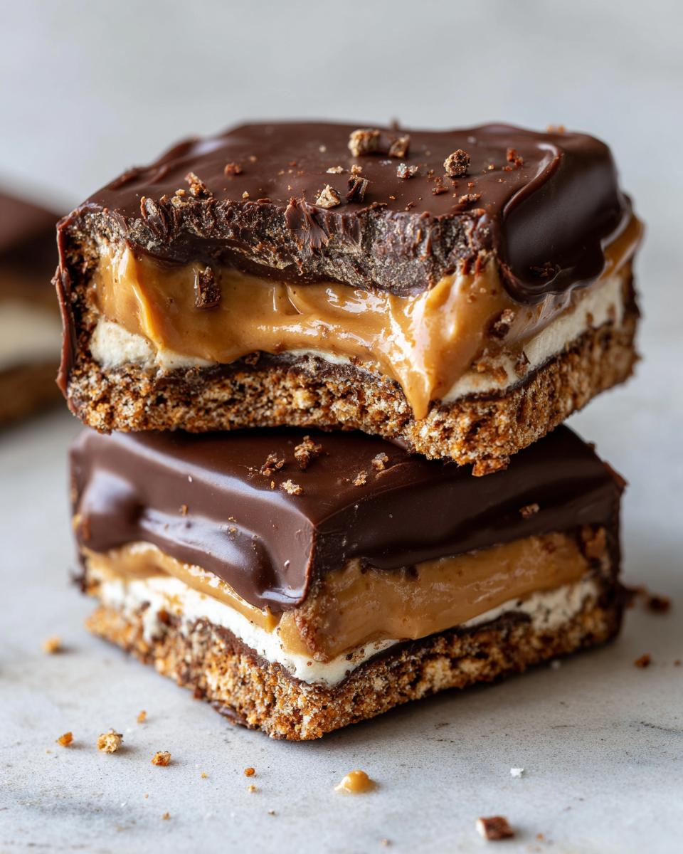 Two stacked squares of buckeye graham crackers featuring a graham base, creamy filling, thick caramel, and chocolate topping.