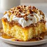 Close-up of a slice of butter pecan praline poke cake topped with whipped cream and pecans.