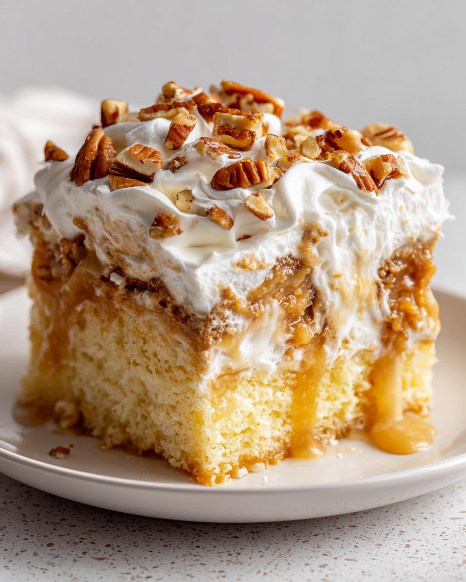 A moist slice of butter pecan praline poke cake topped with whipped cream and chopped pecans.