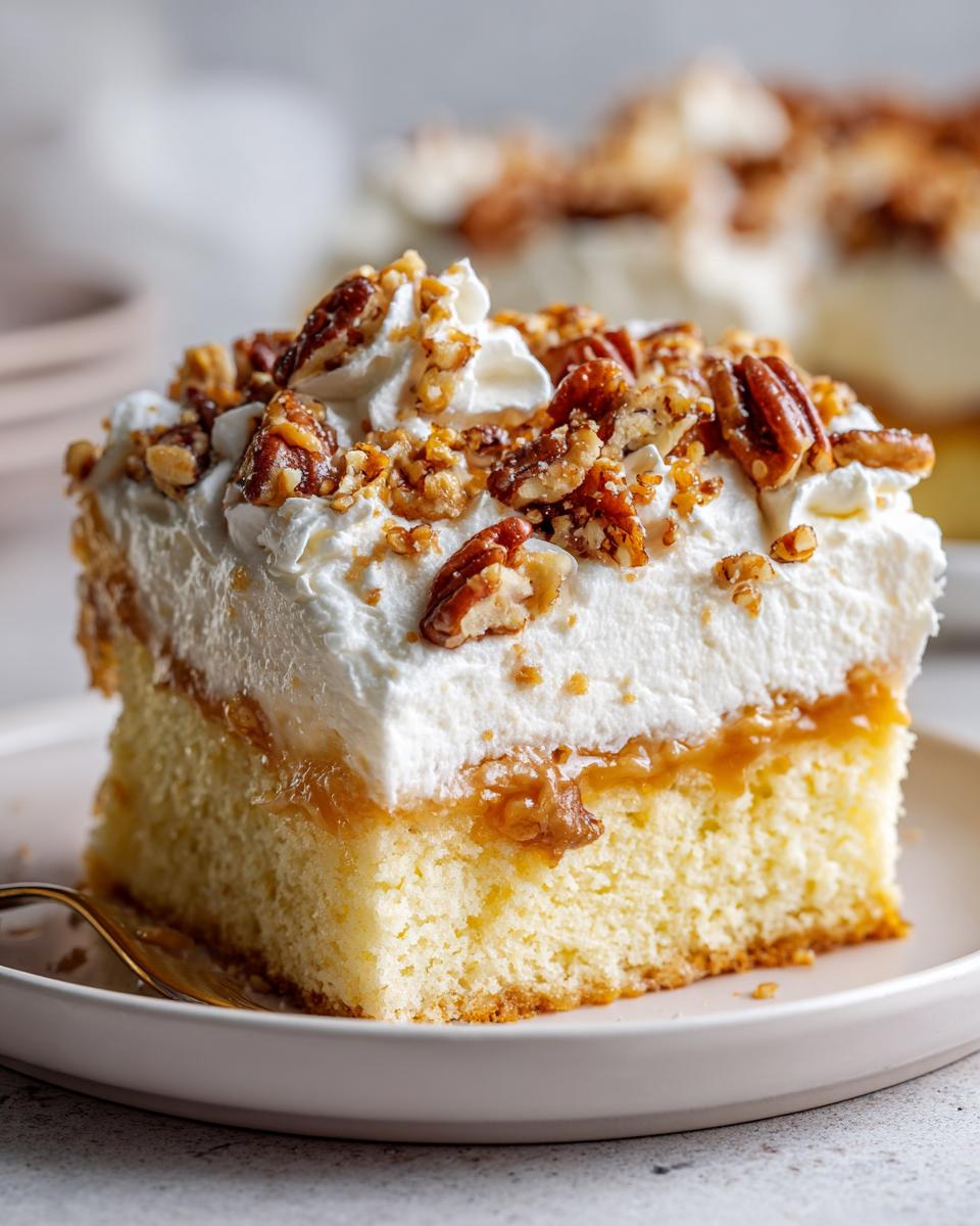A moist slice of butter pecan praline poke cake topped with whipped cream and candied pecans.