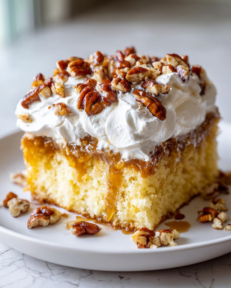 A moist slice of butter pecan praline poke cake topped with whipped cream and candied pecans.
