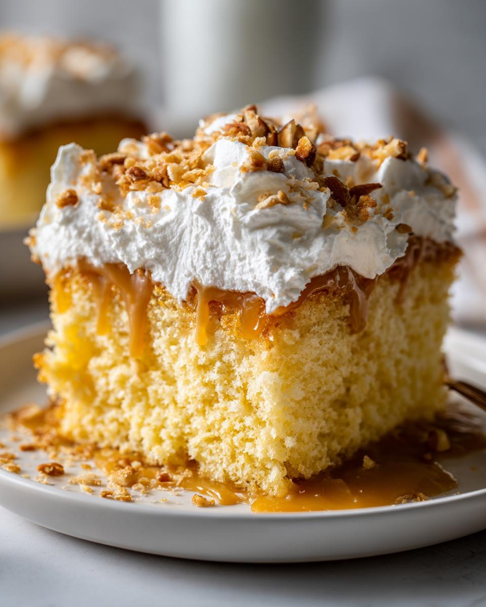 Close-up of a moist slice of butter pecan praline poke cake topped with whipped cream and chopped pecans.