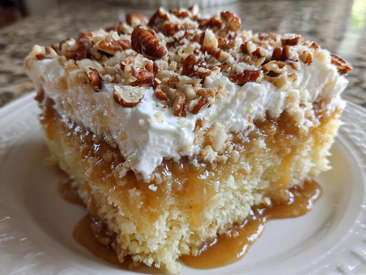 A close-up of a slice of butter pecan praline poke cake with whipped topping and dripping caramel sauce.