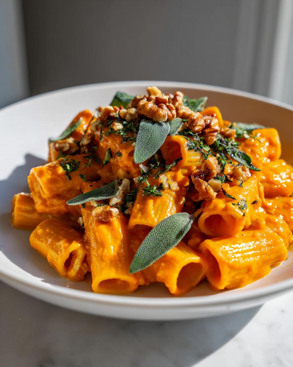 Close-up of rigatoni pasta coated in a vibrant orange butternut squash pasta sauce, topped with walnuts and fresh sage leaves.