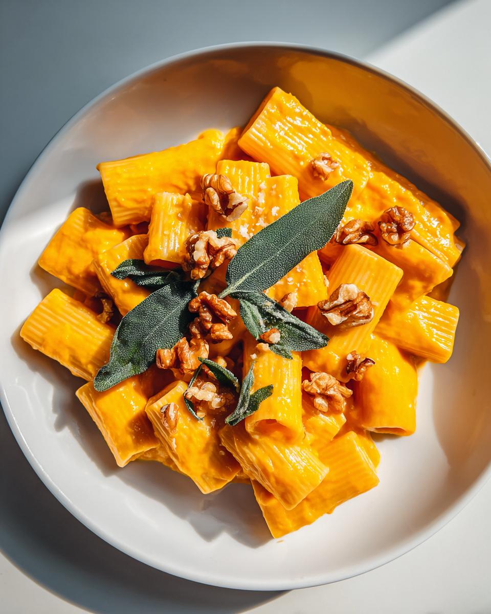 Overhead view of creamy butternut squash pasta in a white bowl, garnished with walnuts and fresh sage leaves.