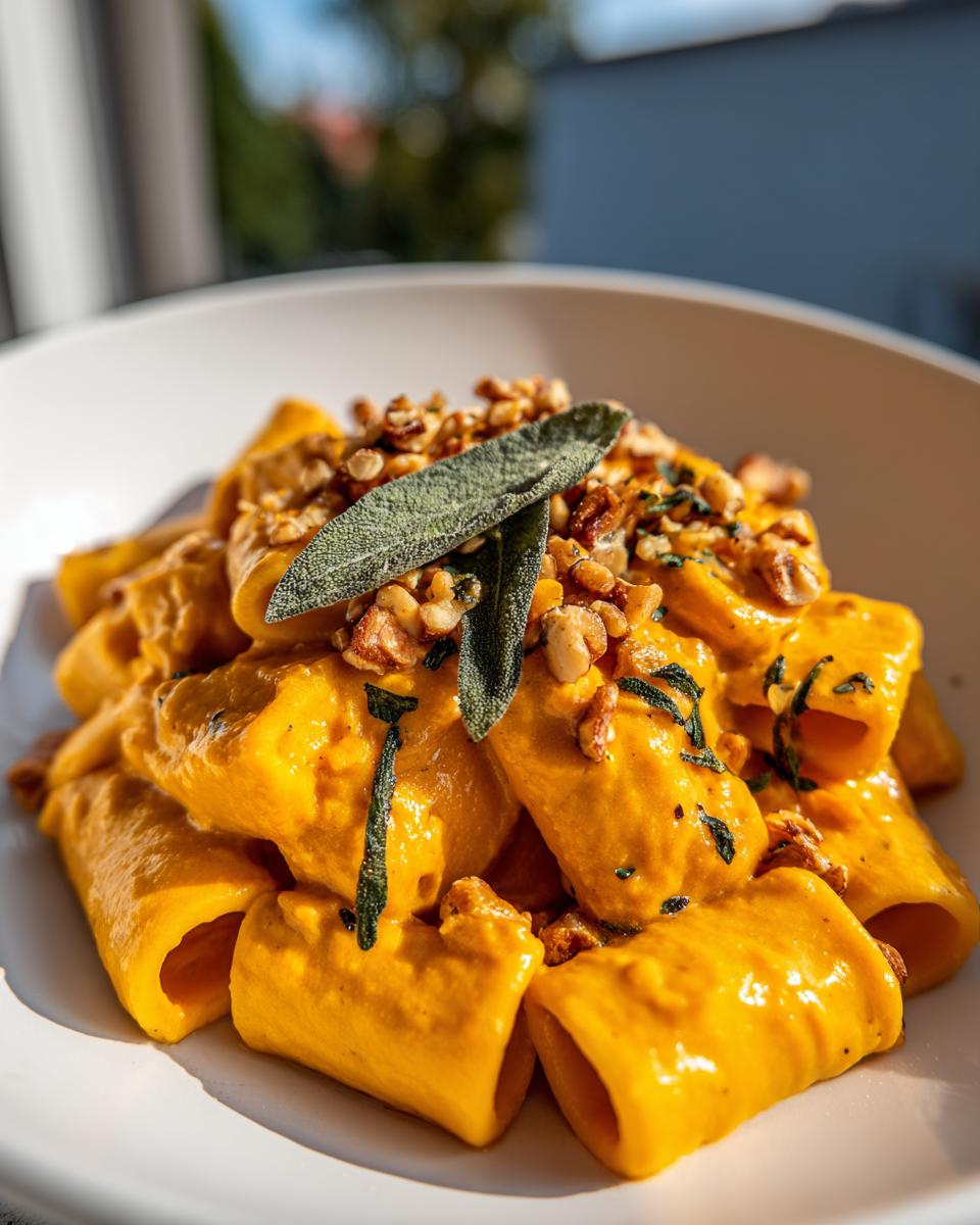 Close-up of creamy butternut squash pasta topped with toasted walnuts and fresh sage leaves.