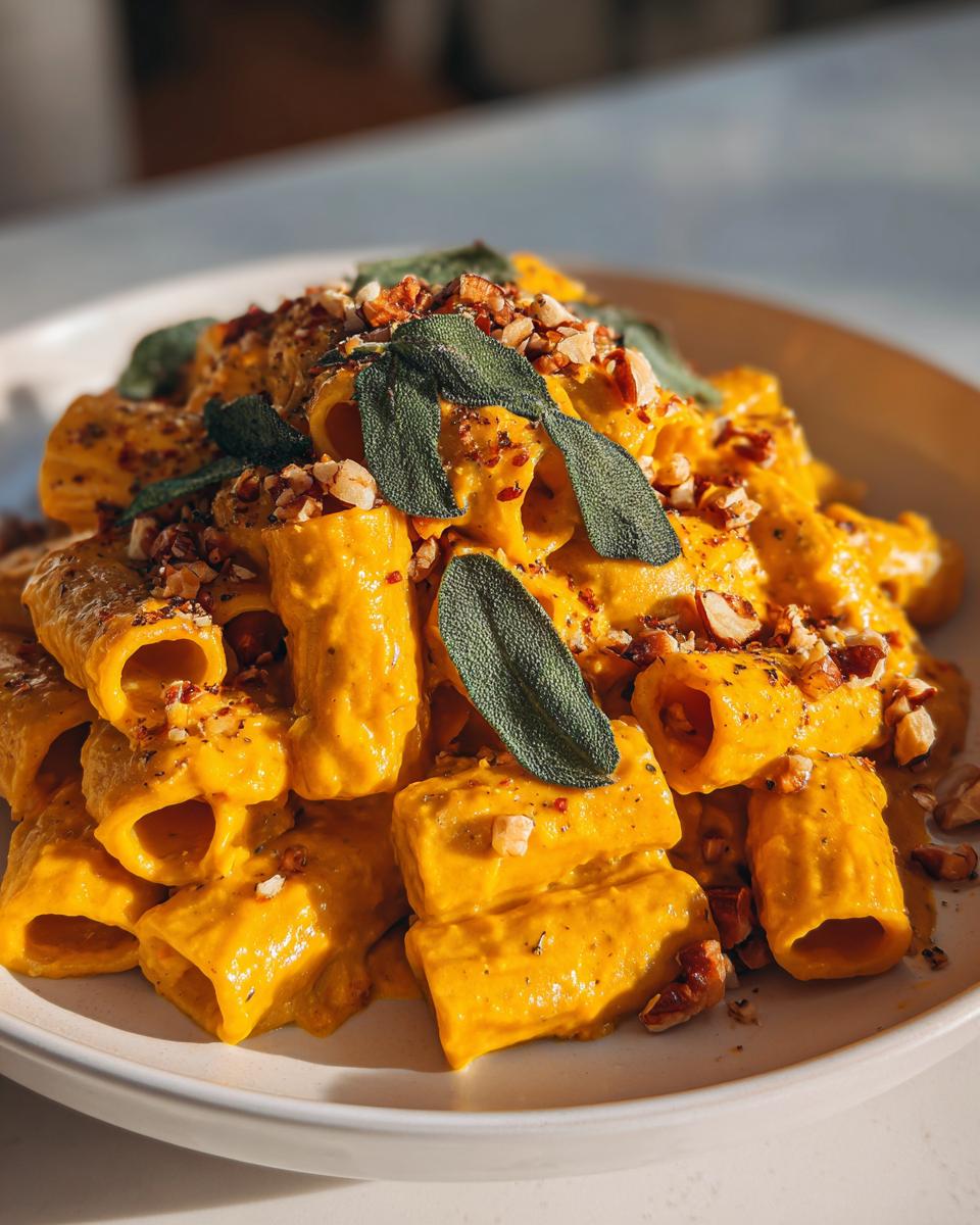 Close-up of rigatoni pasta coated in a vibrant orange butternut squash pasta sauce, topped with fresh sage leaves and chopped nuts.