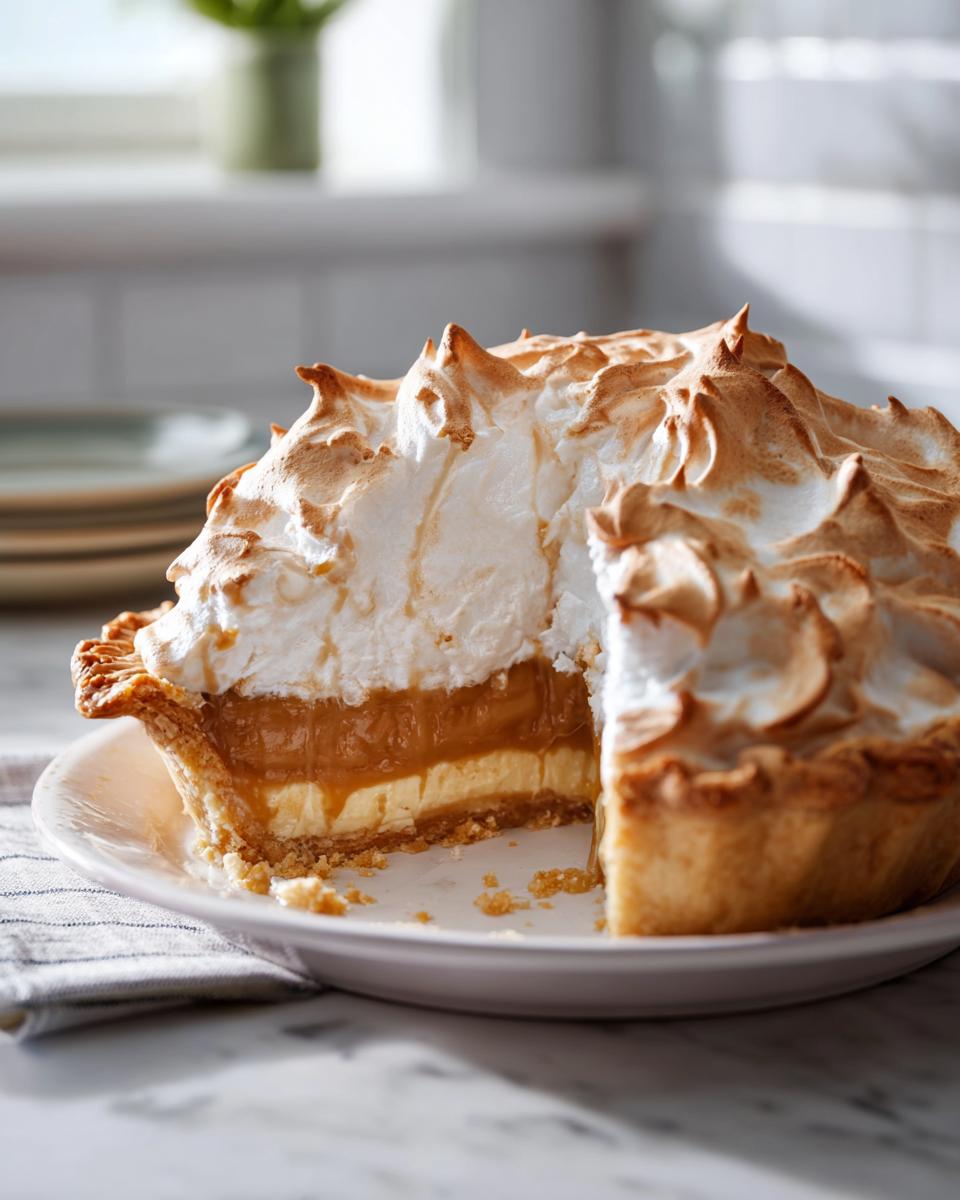 A slice removed from a rich butterscotch pie topped with tall, toasted meringue peaks.