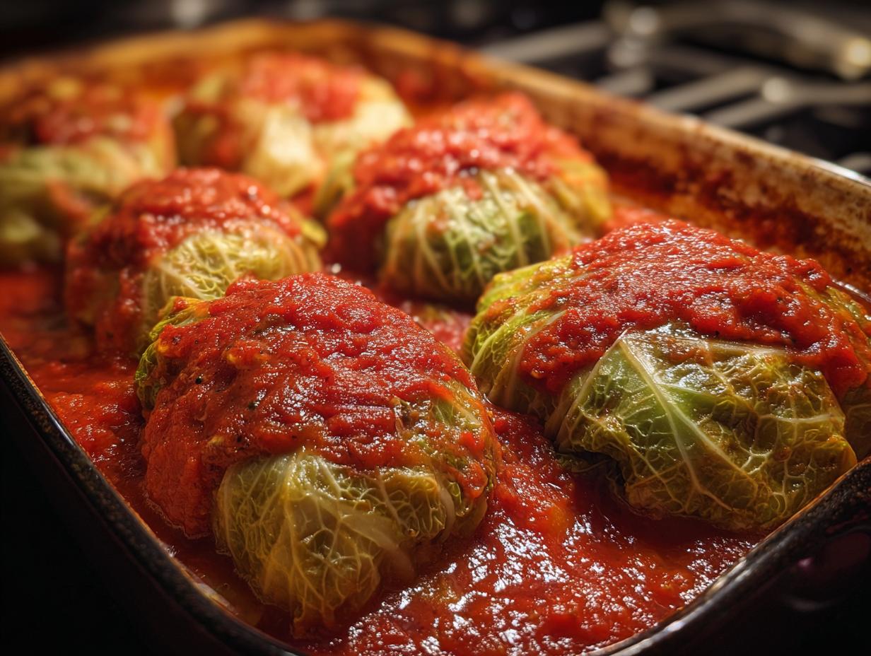 Close-up of homemade cabbage rolls simmering in a rich tomato sauce inside a baking dish.
