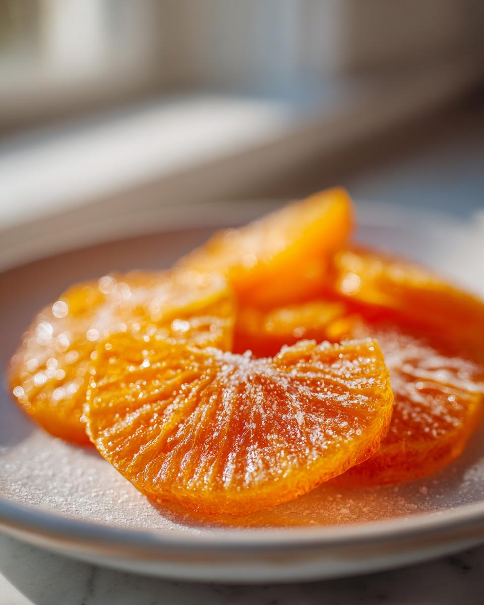 Close-up of bright orange candied orange slices dusted with fine white sugar on a light plate.