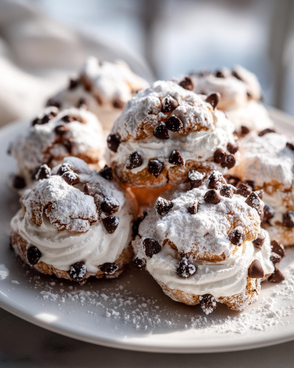 A plate of freshly baked cannoli cookies filled with cream, dusted with powdered sugar, and topped with mini chocolate chips.