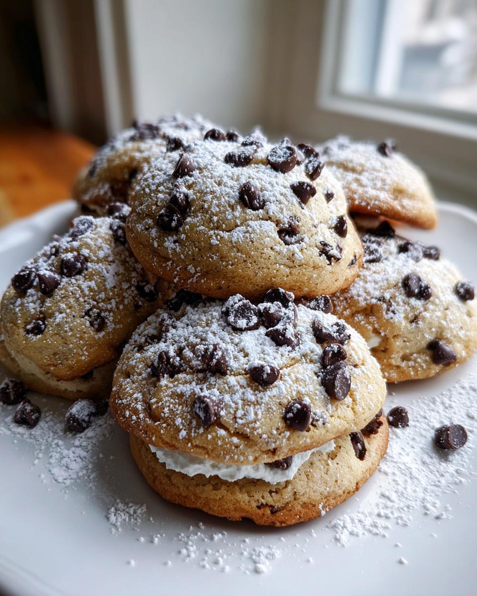 A stack of freshly baked cannoli cookies filled with cream and topped with mini chocolate chips and powdered sugar.