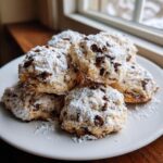 A stack of freshly baked cannoli cookies loaded with chocolate chips and heavily dusted with powdered sugar.